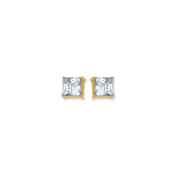 14K Princess Cut CZ Earrings, 7mm