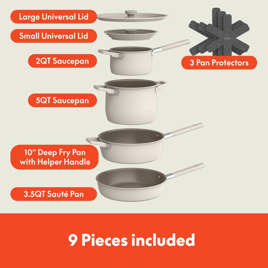 Bella Fits Anywhere 9 Piece Ceramic Nonstick Cookware Set, Oatmilk