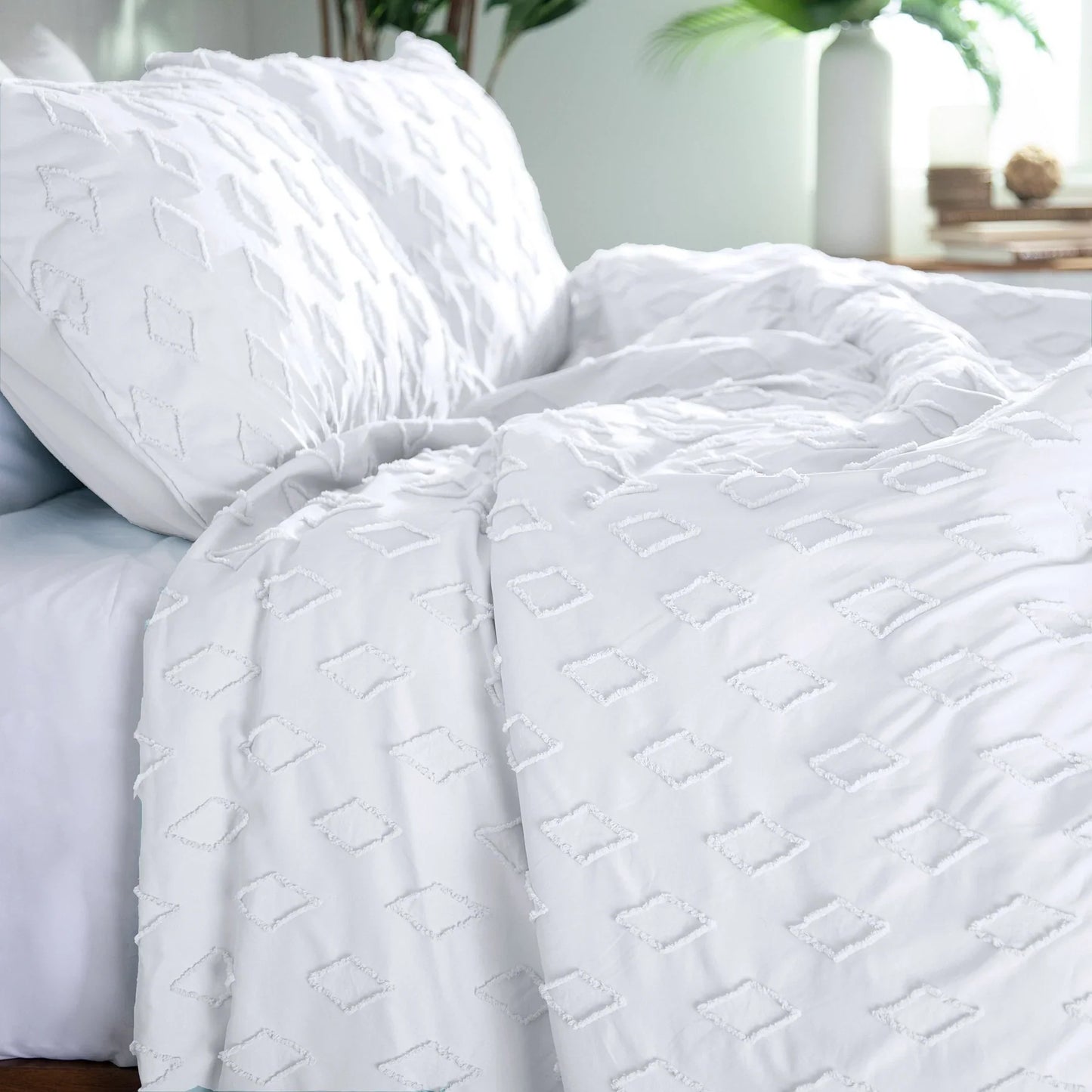 Diamond Pattern Duvet Cover Set, White