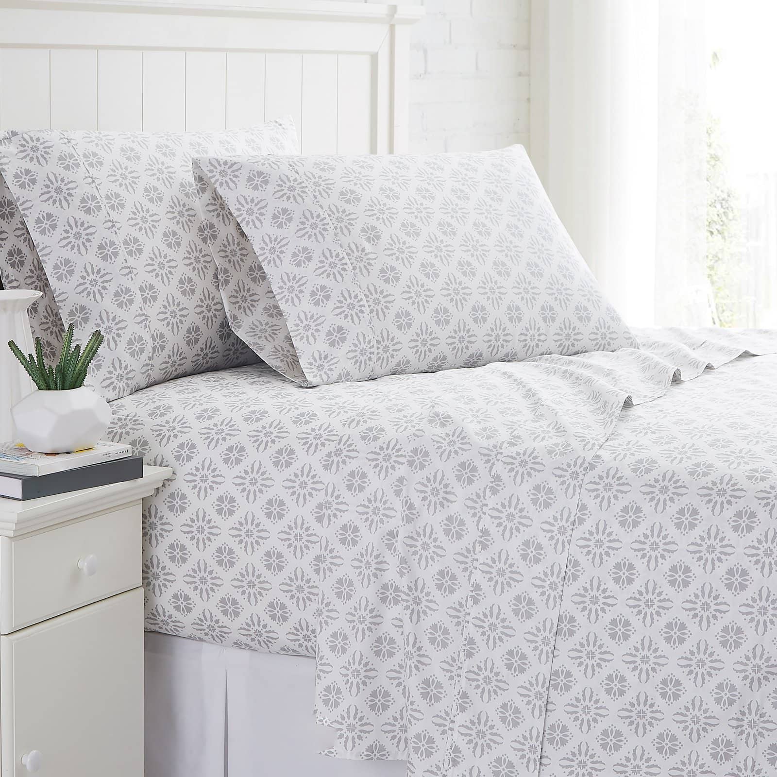 Floral Block Print Sheet Set, Grey