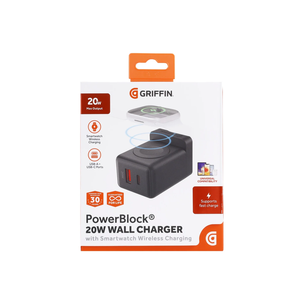 Griffin PowerBlock 20W Wall Charger with SmartWatch Wireless Charging