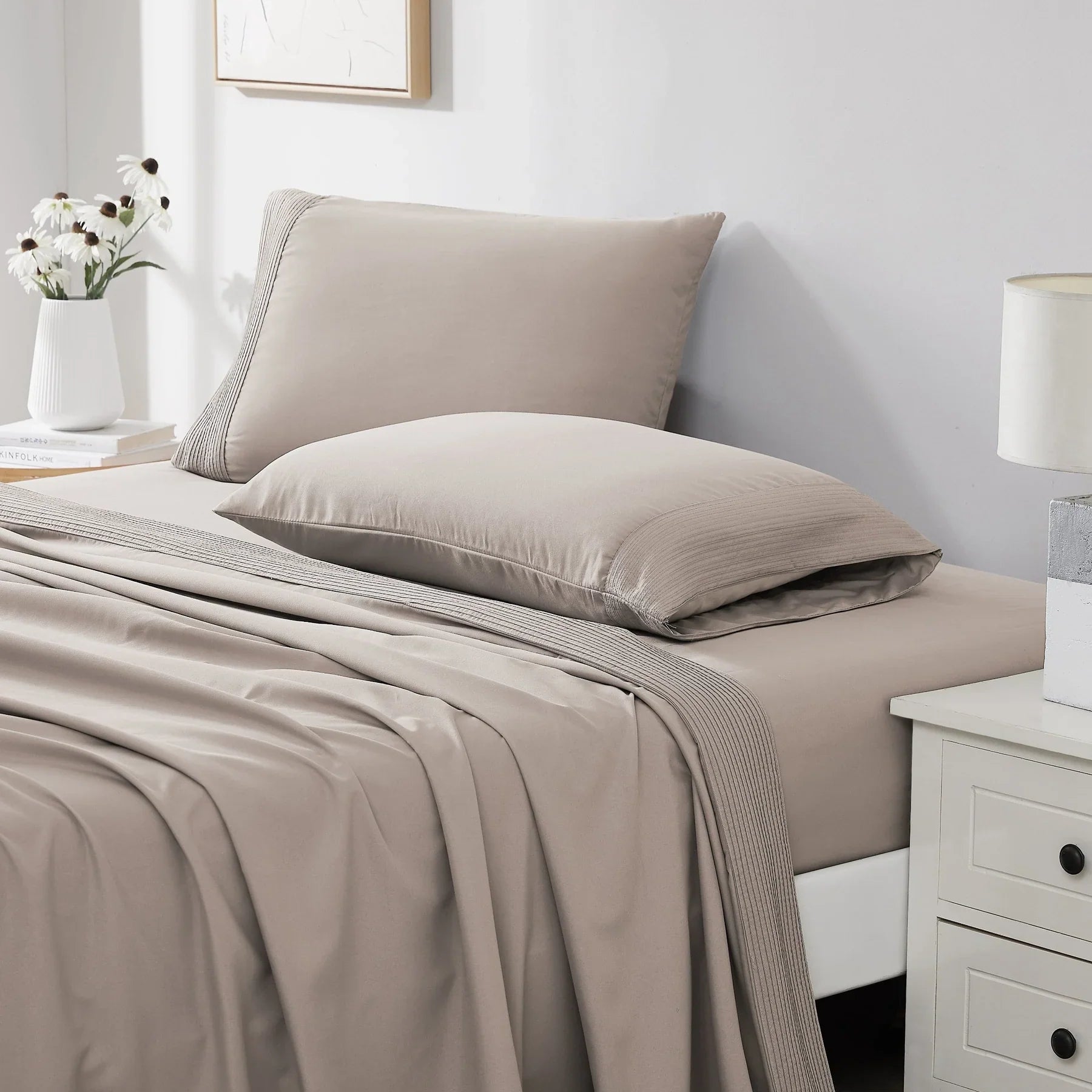 Pintuck Luxe Microfiber 4 Piece Sheet Set, Bone