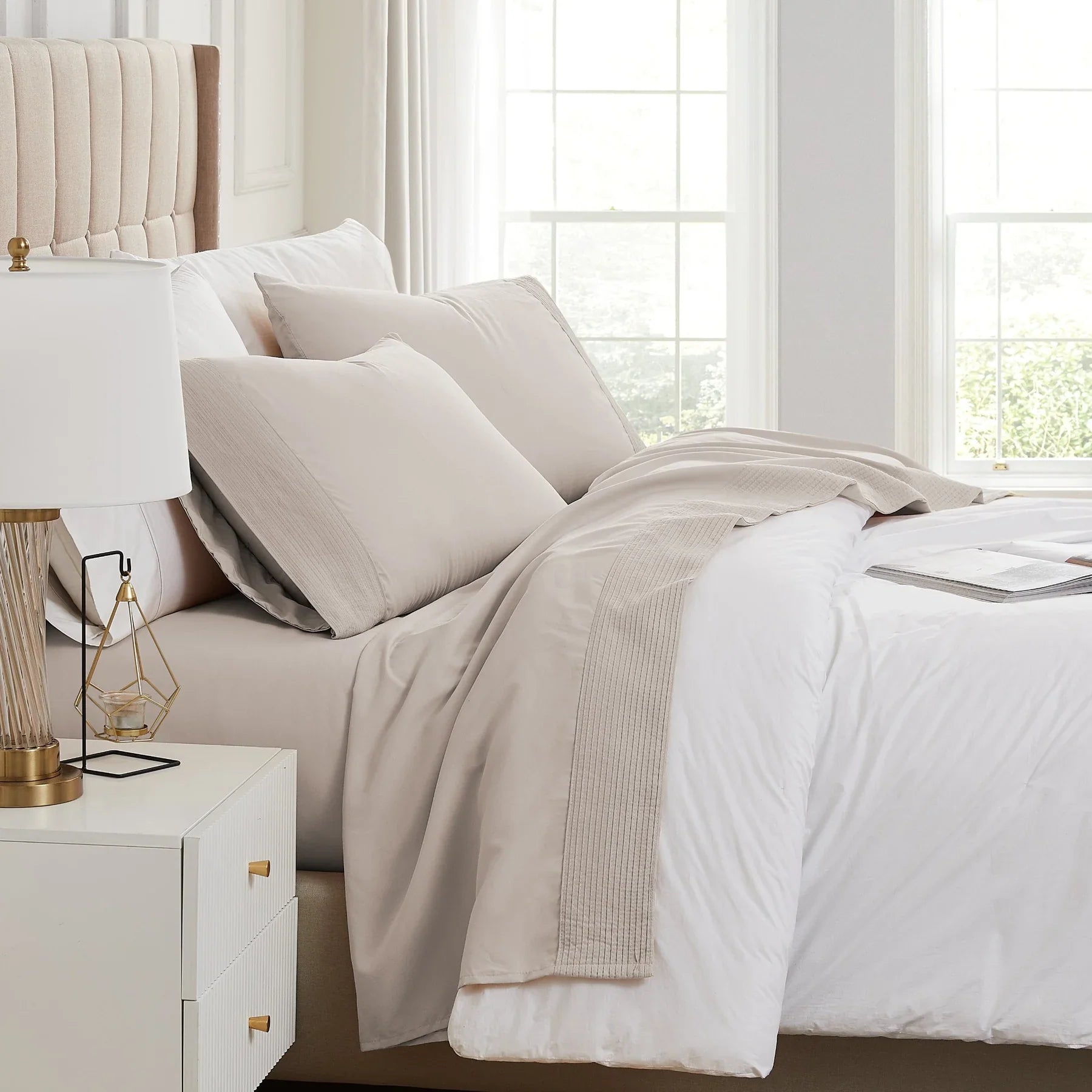 Pintuck Luxe Microfiber 4 Piece Sheet Set, Bone