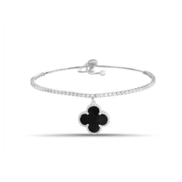 Sterling Silver Onyx Clover & CZ Tennis Chain Bracelet