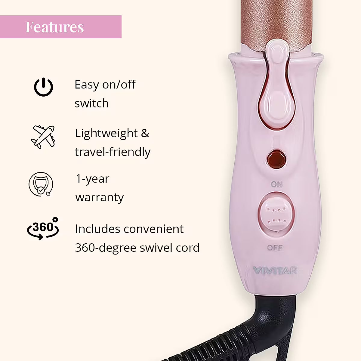 Vivitar Ceramic Mini Curling Iron, Pink